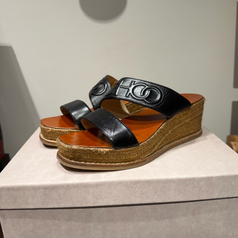 Jimmy Choo Ocho Black and Brown Espadrille Wedge‎ Shoes